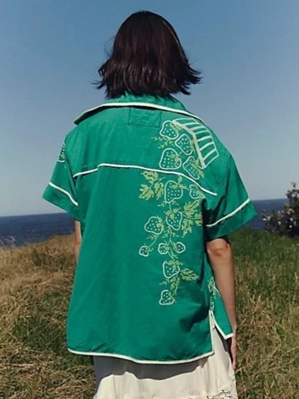 FREE PEOPLE WE THE FREE STRAWBERRY SHIRT GREEN EMBROIDERED LINEN BLEND S - Picture 3 of 6